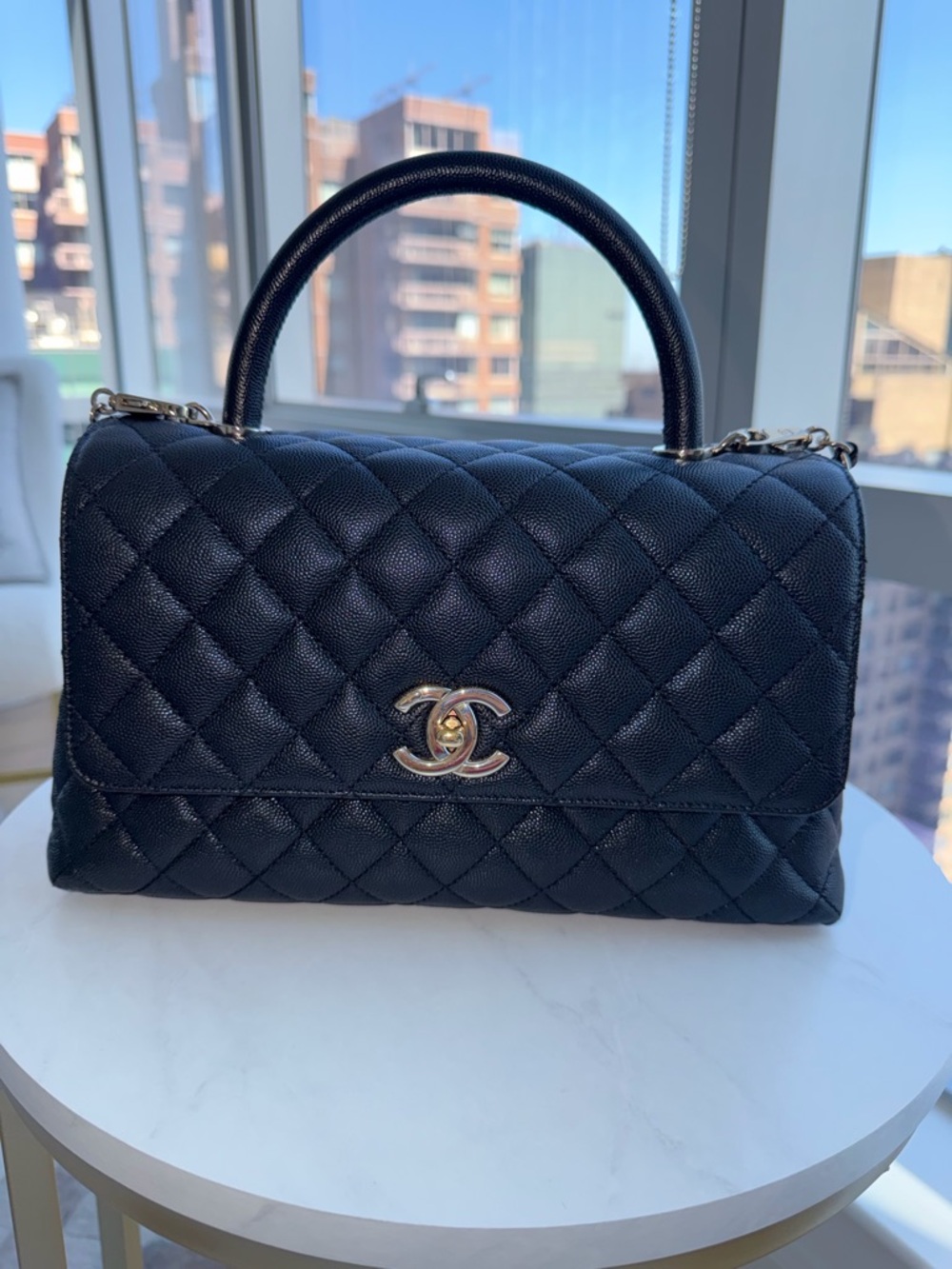 CHANEL Black Quilted Top-Handle Shoulder Bag with CC Turnlock